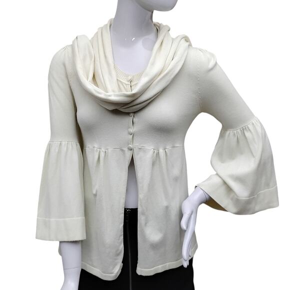 Zoe D. Fine Knit Blouse Size XS Beige Flared Sleeves Attached Scarf 5 Buttons - Picture 1 of 8